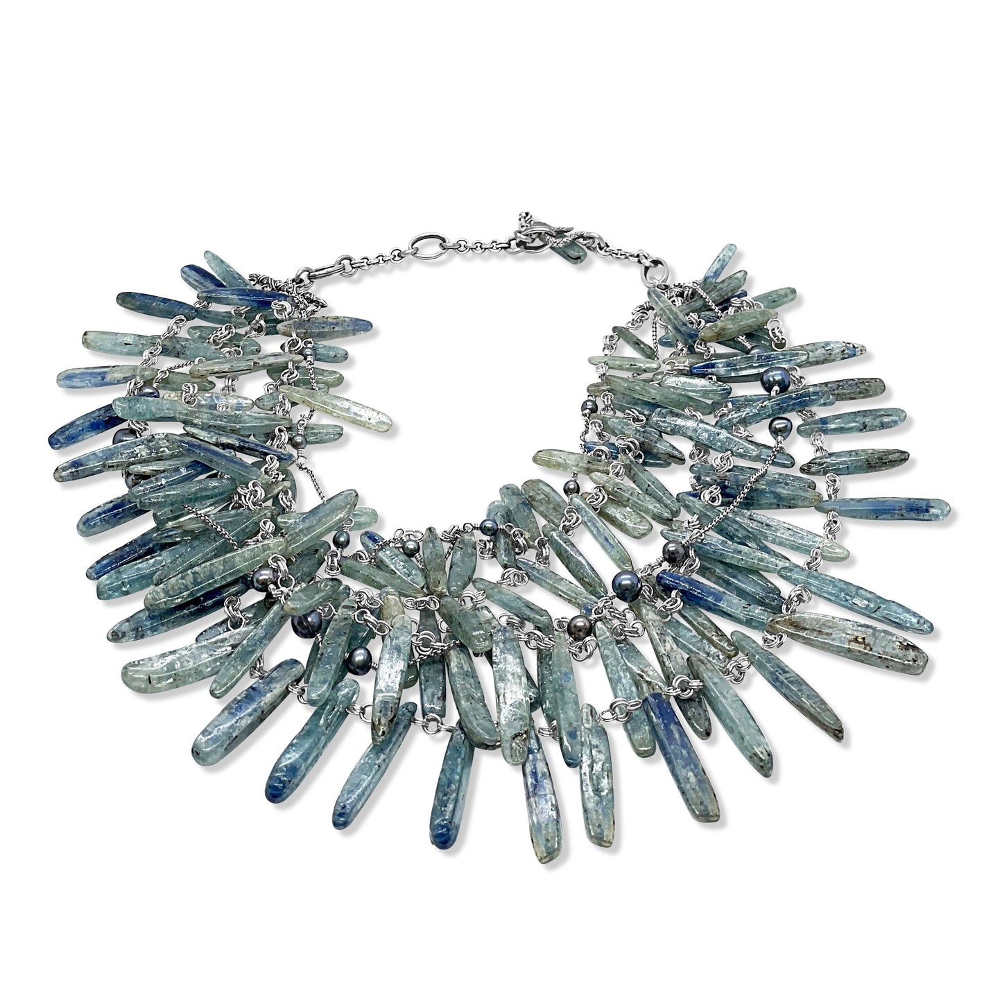 One of a Kind 5-Strand Graduated Kyanite Petal and Pearl Necklace in Sterling Silver