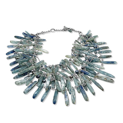One of a Kind 5-Strand Graduated Kyanite Petal and Pearl Necklace in Sterling Silver
