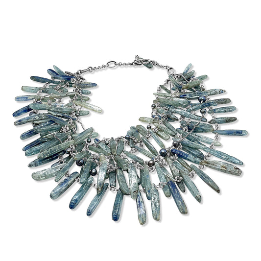 One of a Kind 5-Strand Graduated Kyanite Petal and Pearl Necklace in Sterling Silver