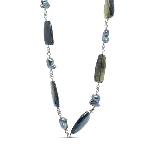One of a Kind Faceted Tourmaline and Pearl Necklace in Sterling Silver