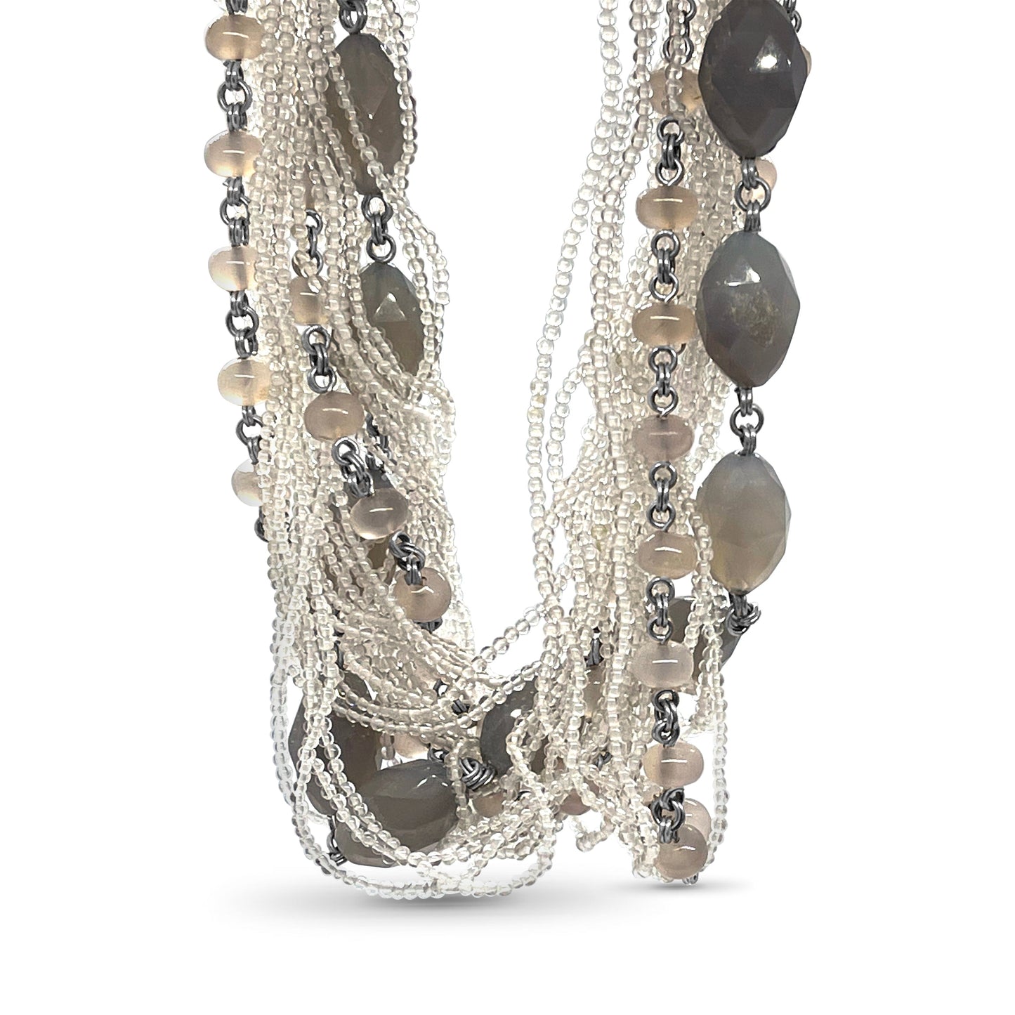 One of a Kind Faceted Agate, Rose Quartz and Natural Quartz Multi and Linked Strand Necklace in Sterling Silver