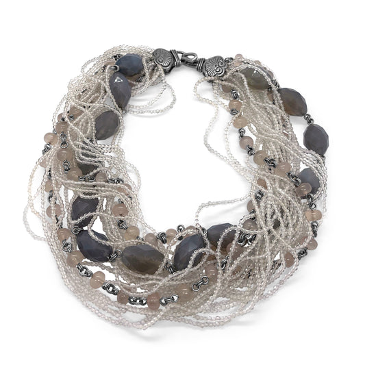 One of a Kind Faceted Agate, Rose Quartz and Natural Quartz Multi and Linked Strand Necklace in Sterling Silver