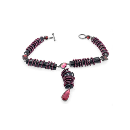 One of a Kind Touramline Garnet and Black Coral Necklace in Sterling Silver