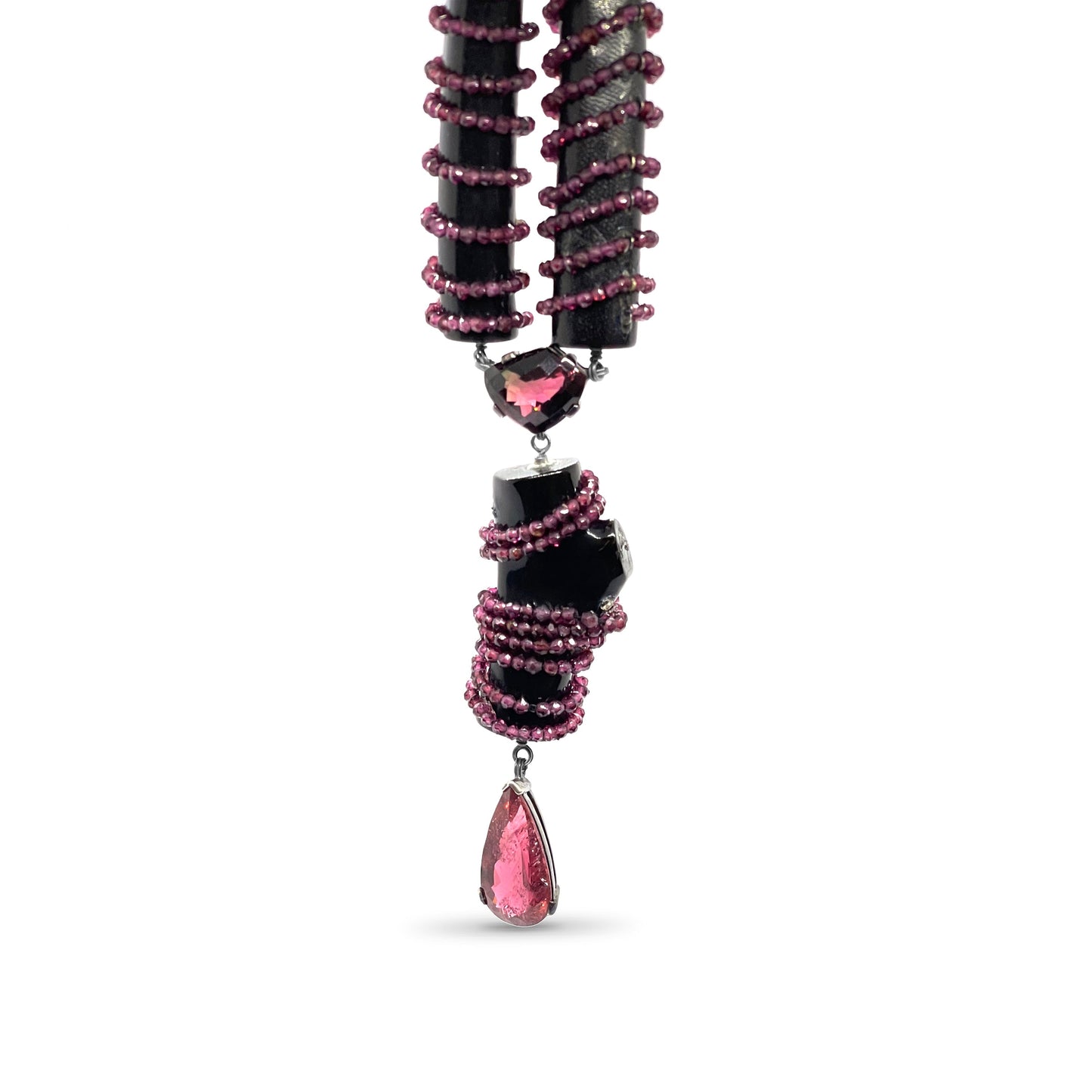 One of a Kind Touramline Garnet and Black Coral Necklace in Sterling Silver