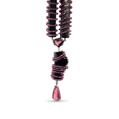One of a Kind Touramline Garnet and Black Coral Necklace in Sterling Silver