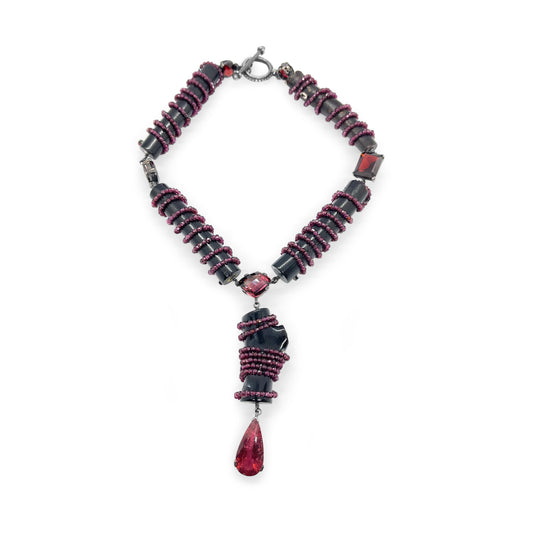 One of a Kind Touramline Garnet and Black Coral Necklace in Sterling Silver
