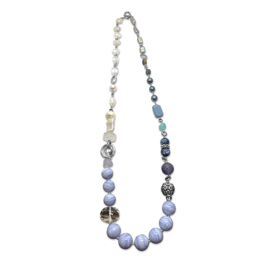 One of a Kind Blue Topaz Baroque Pearl Opal Kyanite Blue Lace Agate Fluorite Chalcedony Druzy and Natural Quartz Necklace in Sterling Silver