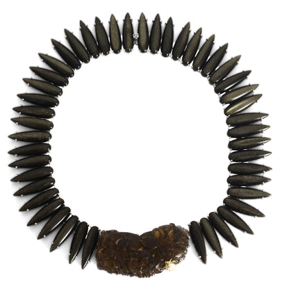 One of a Kind Hand Carved Smoky Quartz and Smooth Golden Obsidian in Engraved Signature Sterling Silver with 18K Gold Adam