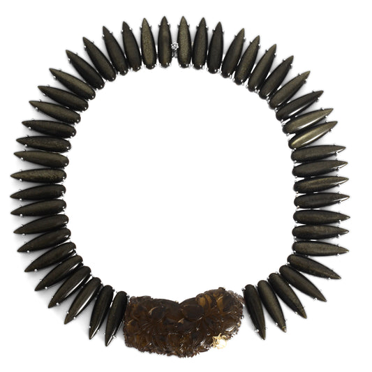 One of a Kind Hand Carved Smoky Quartz and Smooth Golden Obsidian in Engraved Signature Sterling Silver with 18K Gold Adam