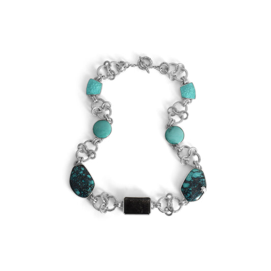 One of a Kind Natural Turquoise and Black Hair Rutilated Quartz Necklace in Sterling Silver with Adam