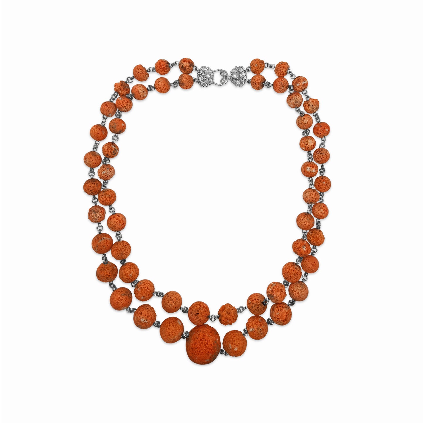 One of a Kind Coral Double Strand Necklace in Sterling Silver