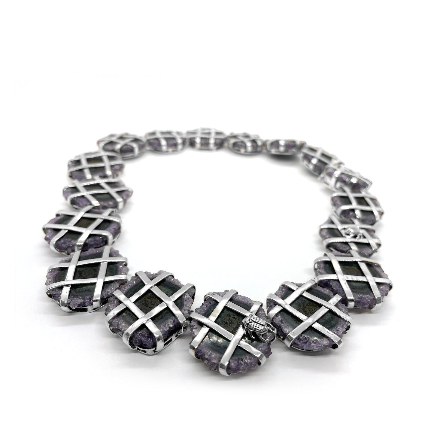 One of a Kind Criss Cross Petrified Wood Necklace in Sterling Silver