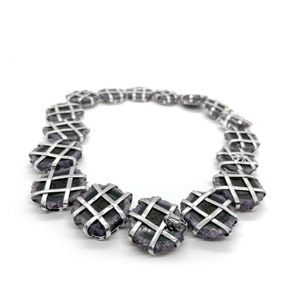 One of a Kind Criss Cross Petrified Wood Necklace in Sterling Silver