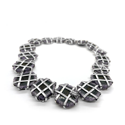 One of a Kind Criss Cross Petrified Wood Necklace in Sterling Silver