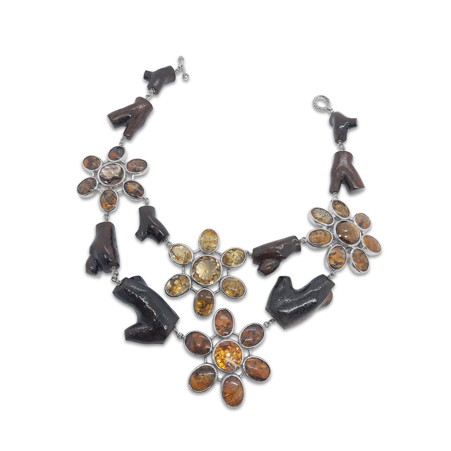 Dendritic Quartz Cognac Quartz Citrine with Branch Wood Necklace in Sterling Silver with 18K Gold Adam
