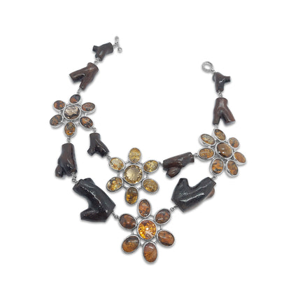 Dendritic Quartz Cognac Quartz Citrine with Branch Wood Necklace in Sterling Silver with 18K Gold Adam