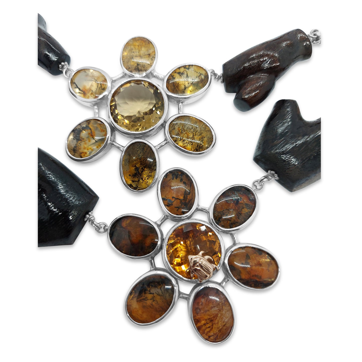 Dendritic Quartz Cognac Quartz Citrine with Branch Wood Necklace in Sterling Silver with 18K Gold Adam