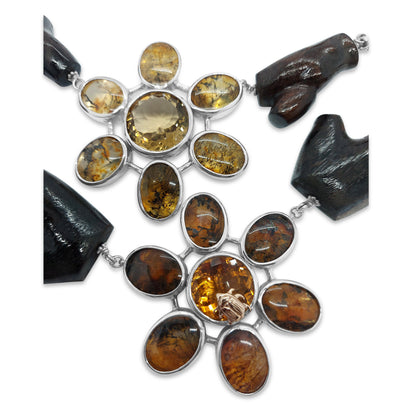 Dendritic Quartz Cognac Quartz Citrine with Branch Wood Necklace in Sterling Silver with 18K Gold Adam