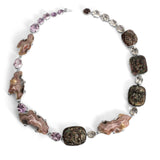 One of a Kind Chalcedony Black Hair Rutilated Quartz Amethyst and Hand Carved Mother of Pearl Necklace in Sterling Silver with 18K Gold Adam