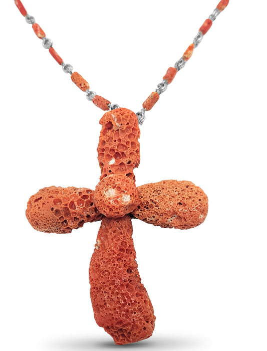 One of a Kind Coral Cross Necklace in Sterling Silver
