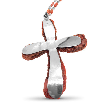 One of a Kind Coral Cross Necklace in Sterling Silver