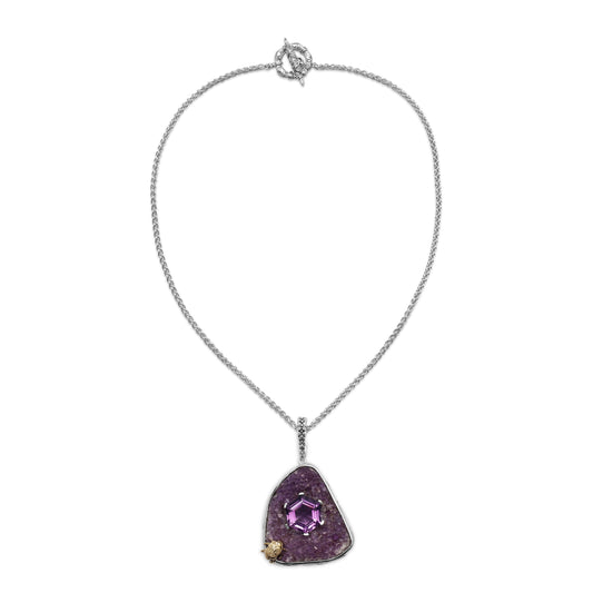 One of a Kind Faceted Amethyst and Druzy Pendant in Sterling Silver with 18K Gold Adam