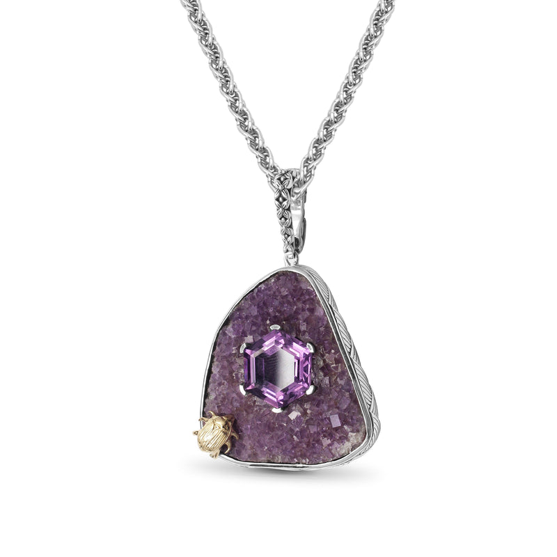One of a Kind Faceted Amethyst and Druzy Pendant in Sterling Silver with 18K Gold Adam