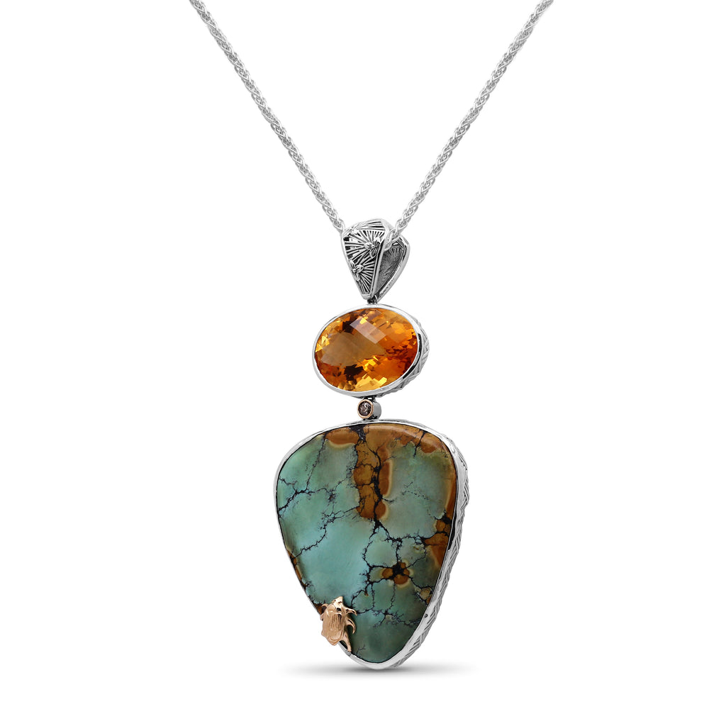 One of a Kind Turquoise Citrine and Champagne Diamond Pendant in Sterling Silver with 18K Gold Adam