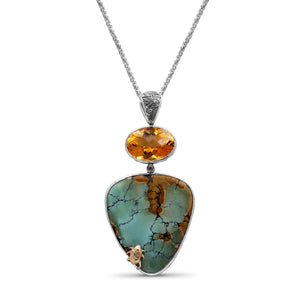 One of a Kind Turquoise Citrine and Champagne Diamond Pendant in Sterling Silver with 18K Gold Adam