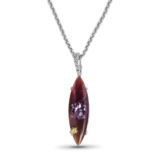 One of a Kind 32.85ct Laguna Agate Galactical Amethyst and Amethyst Bead Pendant in Sterling Silver with 18K Gold Adam