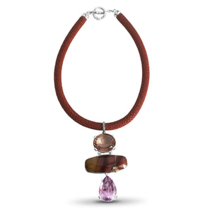 One of a Kind Amethyst Mookaite Jasper and Ametrine Shagreen Collar Necklace in Sterling Silver with 18K Gold Diamond Pave Adam