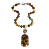 One of a Kind Vintage Hand Carved Jade and Faceted Pyrite Quartz and Multi-Hued Rutilated Quartz Necklace in Sterling Silver with 18K Gold Adam