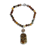 One of a Kind Vintage Hand Carved Jade and Faceted Pyrite Quartz and Multi-Hued Rutilated Quartz Necklace in Sterling Silver with 18K Gold Adam