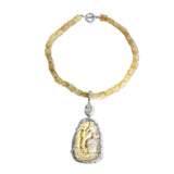 One of a Kind Vintage Hand Carved Jade Faceted Citrine and Gold Hair Rutilated Quartz Necklace in Sterling Silver with 18K Gold Adam