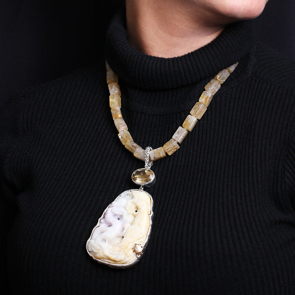 One of a Kind Vintage Hand Carved Jade Faceted Citrine and Gold Hair Rutilated Quartz Necklace in Sterling Silver with 18K Gold Adam