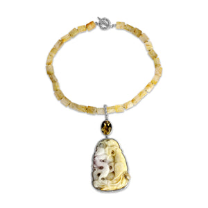 One of a Kind Vintage Hand Carved Jade Faceted Citrine and Gold Hair Rutilated Quartz Necklace in Sterling Silver with 18K Gold Adam