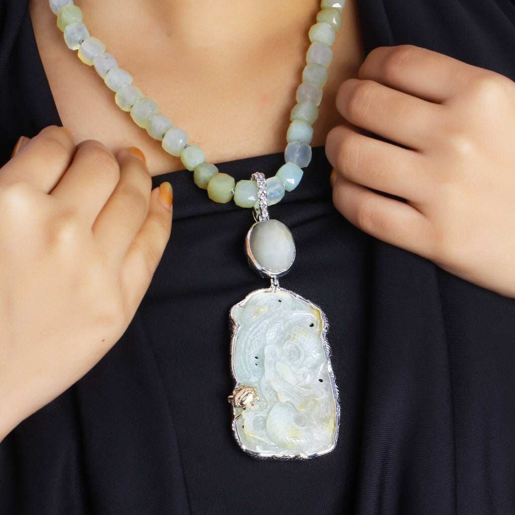 One of a Kind Vintage Hand Carved Jade Faceted Moonstone and Chalcedony Necklace in Sterling Silver with 18K Gold Adam