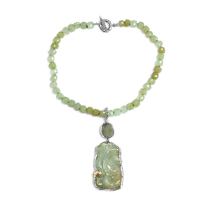 One of a Kind Vintage Hand Carved Jade Faceted Moonstone and Chalcedony Necklace in Sterling Silver with 18K Gold Adam