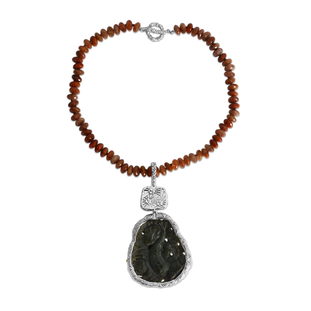 One of a Kind Vintage Hand Carved Jade Faceted Red Hair Rutilated Quartz Necklace in Sterling Silver with 18K Gold Adam