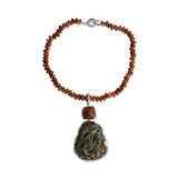 One of a Kind Vintage Hand Carved Jade Faceted Red Hair Rutilated Quartz Necklace in Sterling Silver with 18K Gold Adam