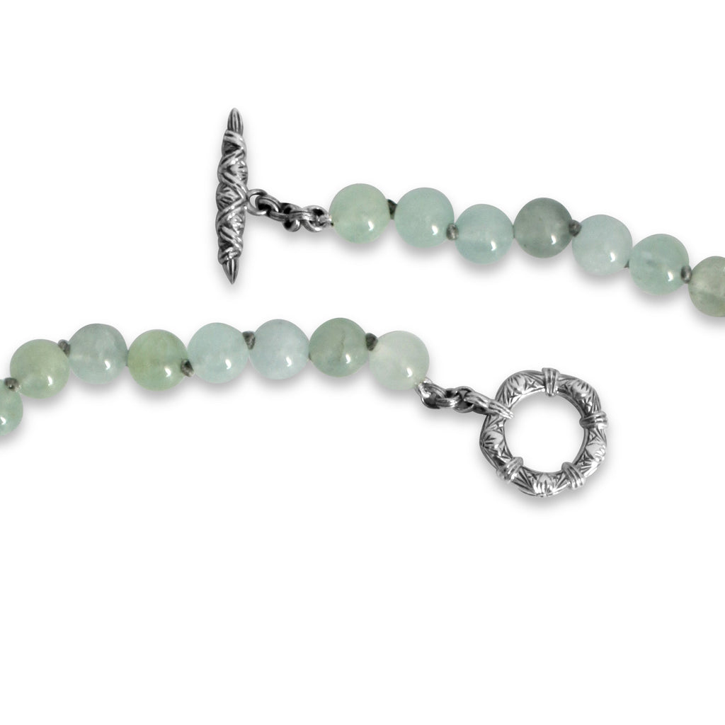 One of a Kind Vintage Hand Carved Jade Faceted Aquamarine and Aquamarine Bead Necklace in Sterling Silver with 18K Gold Adam