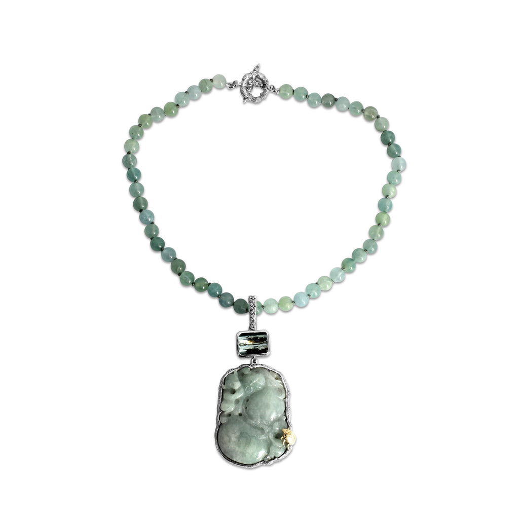 One of a Kind Vintage Hand Carved Jade Faceted Aquamarine and Aquamarine Bead Necklace in Sterling Silver with 18K Gold Adam