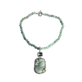 One of a Kind Vintage Hand Carved Jade Faceted Aquamarine and Aquamarine Bead Necklace in Sterling Silver with 18K Gold Adam