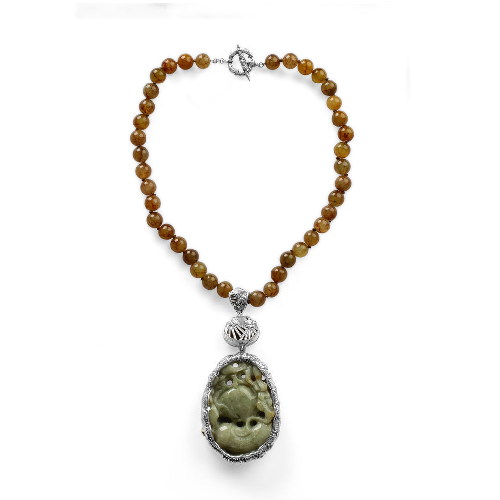 One of a Kind Vintage Hand Carved Jade Champagne Quartz and Jade Bead Necklace in Sterling Silver with 18K Gold Adam