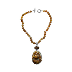 One of a Kind Vintage Hand Carved Jade Champagne Quartz and Jade Bead Necklace in Sterling Silver with 18K Gold Adam