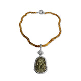 One of a Kind Vintage Hand Carved Jade Faceted Cognac Quartz and Citrine Necklace in Sterling Silver with 18K Gold Adam