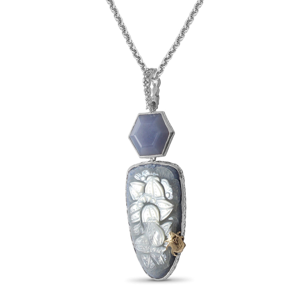 One of a Kind Faceted Blue Chalcedony Hand Carved Mother of Pearl Blue Aventurine Quartz and Mother of Pearl Pendant in Sterling Silver with 18K Gold Adam