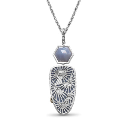 One of a Kind Faceted Blue Chalcedony Hand Carved Mother of Pearl Blue Aventurine Quartz and Mother of Pearl Pendant in Sterling Silver with 18K Gold Adam