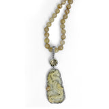 One of a Kind Vintage Hand Carved Jade Lemon Quartz and Gold Hair Rutilated Quartz Necklace in Sterling Silver with 18K Gold Adam