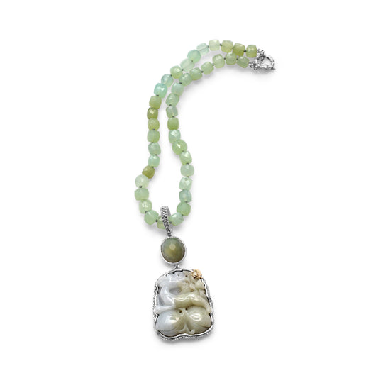 One of a Kind Vintage Hand Carved Jade Faceted Moonstone and Chalcedony Pendant in Sterling Silver with 18K Gold Adam